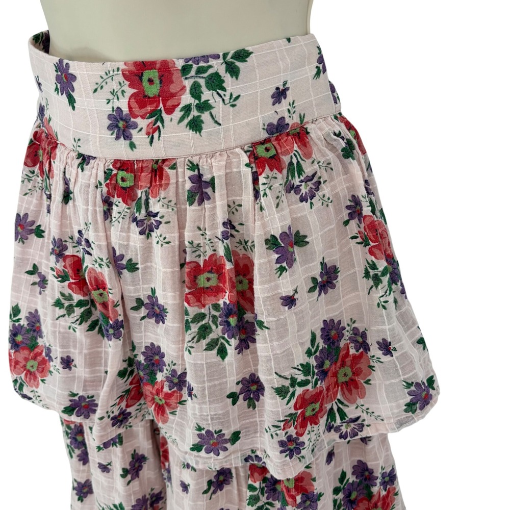 Winston White Pink Floral Tiered Maxi Skirt Cotton High Waist Small